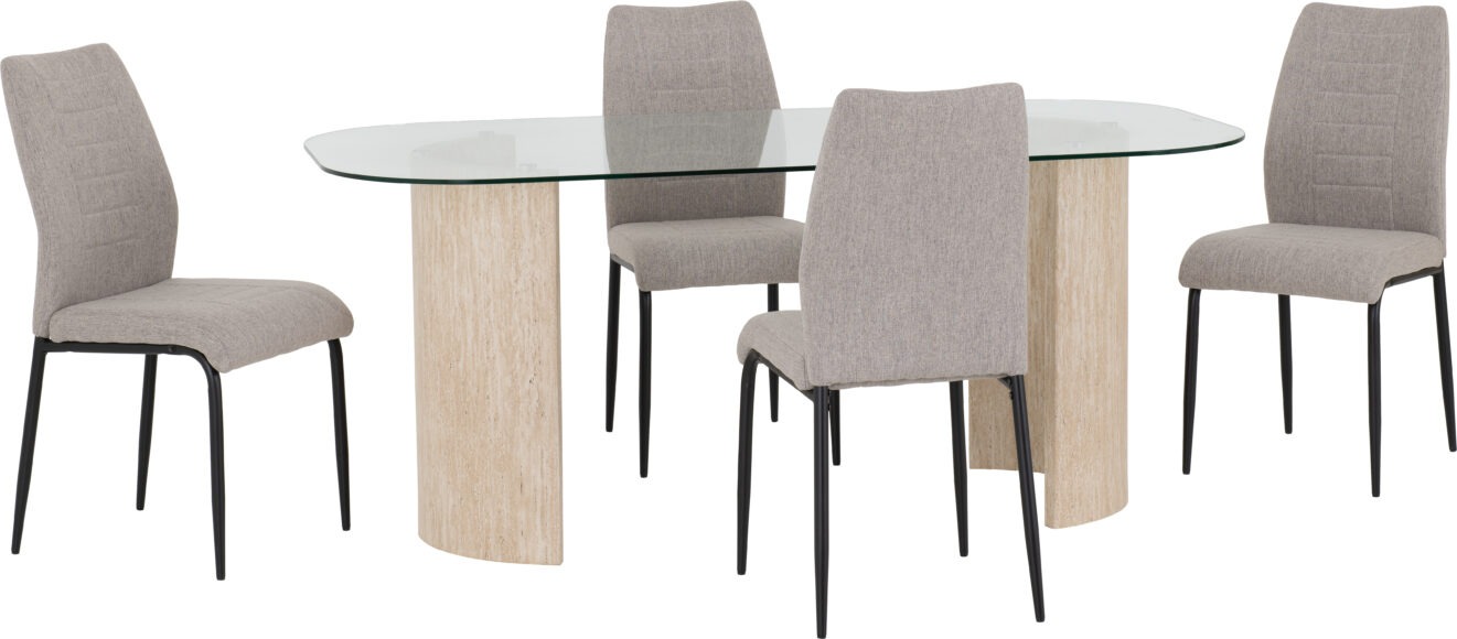 Seconique Modena Dining Set With Chilton Chairs Clear Glass/Cream Marble Effect/Grey Fabric