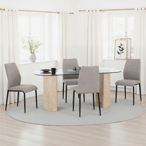 seconique Modena Dining Set with Chilton Chairs Clear Glass/Cream Marble Effect/Grey Fabric