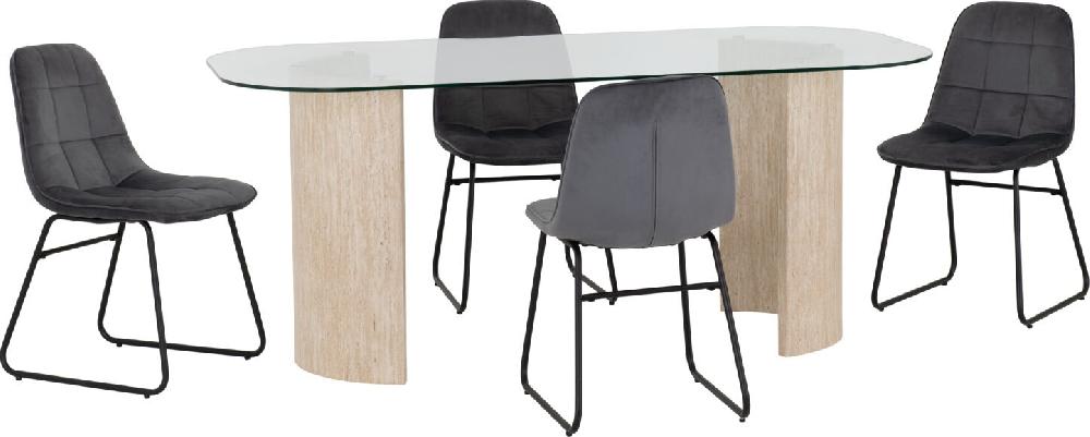 Seconique Modena Dining Set With Lukas Chairs Clear Glass/Cream Marble Effect/Grey Velvet