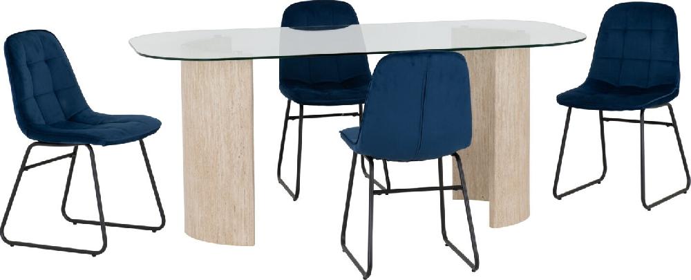 Seconique Modena Dining Set With Lukas Chairs Clear Glass/Cream Marble Effect/Sapphire Blue Velvet