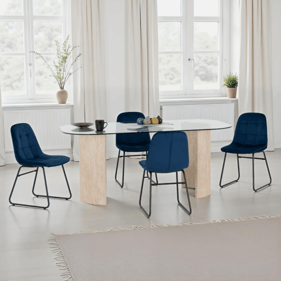 seconique Modena Dining Set with Lukas Chairs Clear Glass/Cream Marble Effect/Sapphire Blue Velvet