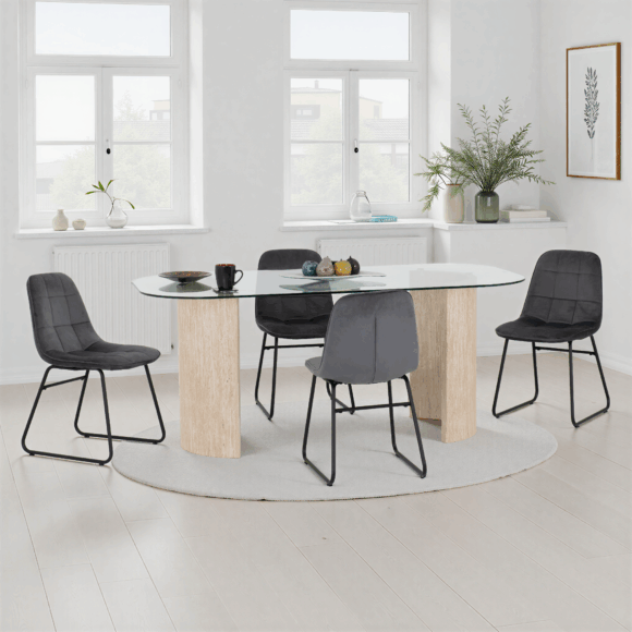 seconique Modena Dining Set with Lukas Chairs Clear Glass/Cream Marble Effect/Grey Velvet