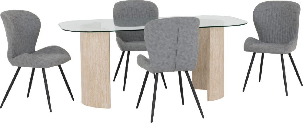 Seconique Modena Dining Set With Quebec Chairs Clear Glass/Cream Marble Effect/Grey Faux Leather