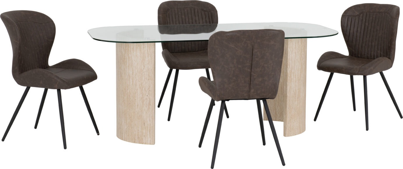 Seconique Modena Dining Set With Quebec Chairs Clear Glass/Cream Marble Effect/Brown Faux Leather