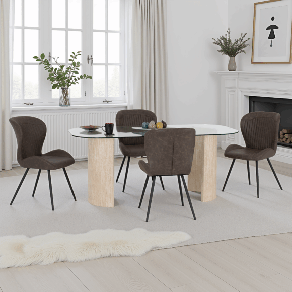 seconique Modena Dining Set with Quebec Chairs Clear Glass/Cream Marble Effect/Brown Faux Leather
