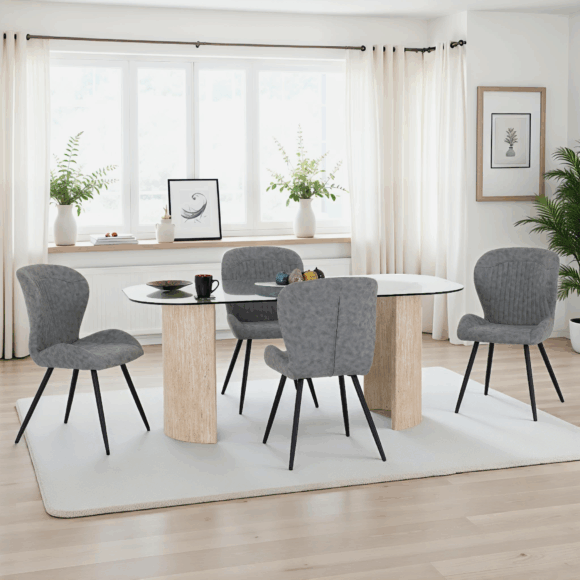 seconique Modena Dining Set with Quebec Chairs Clear Glass/Cream Marble Effect/Grey Faux Leather