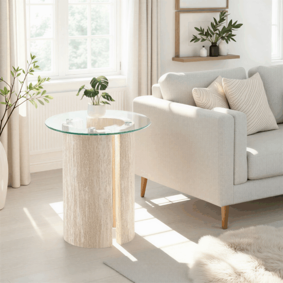 seconique Modena Side Table Clear Glass/Cream Marble Effect