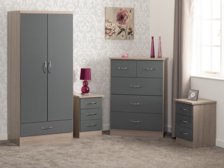 Seconique Nevada 2 Door 1 Drawer Wardrobe Bedroom Set Grey Gloss/Light Oak Effect Veneer