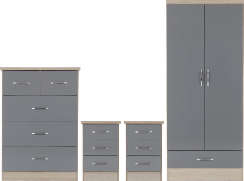 seconique Nevada 2 Door 1 Drawer Wardrobe Bedroom Set Grey Gloss/Light Oak Effect Veneer