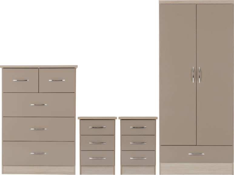 seconique Nevada 2 Door 1 Drawer Wardrobe Bedroom Set Oyster Gloss/Light Oak Effect Veneer