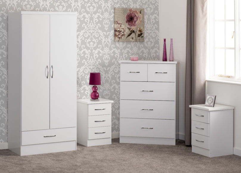 Seconique Nevada 2 Door 1 Drawer Wardrobe Bedroom Set White Gloss