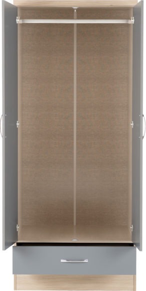 Seconique Nevada 2 Door 1 Drawer Wardrobe Grey Gloss/Light Oak Effect Veneer