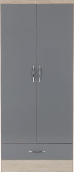 Seconique Nevada 2 Door 1 Drawer Wardrobe Grey Gloss/Light Oak Effect Veneer