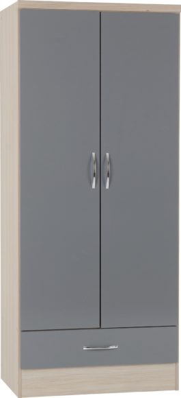 seconique Nevada 2 Door 1 Drawer Wardrobe Grey Gloss/Light Oak Effect Veneer