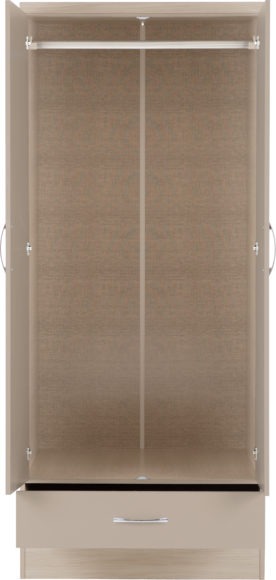 Seconique Nevada 2 Door 1 Drawer Wardrobe Oyster Gloss/Light Oak Effect Veneer