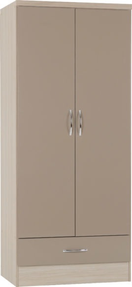 seconique Nevada 2 Door 1 Drawer Wardrobe Oyster Gloss/Light Oak Effect Veneer