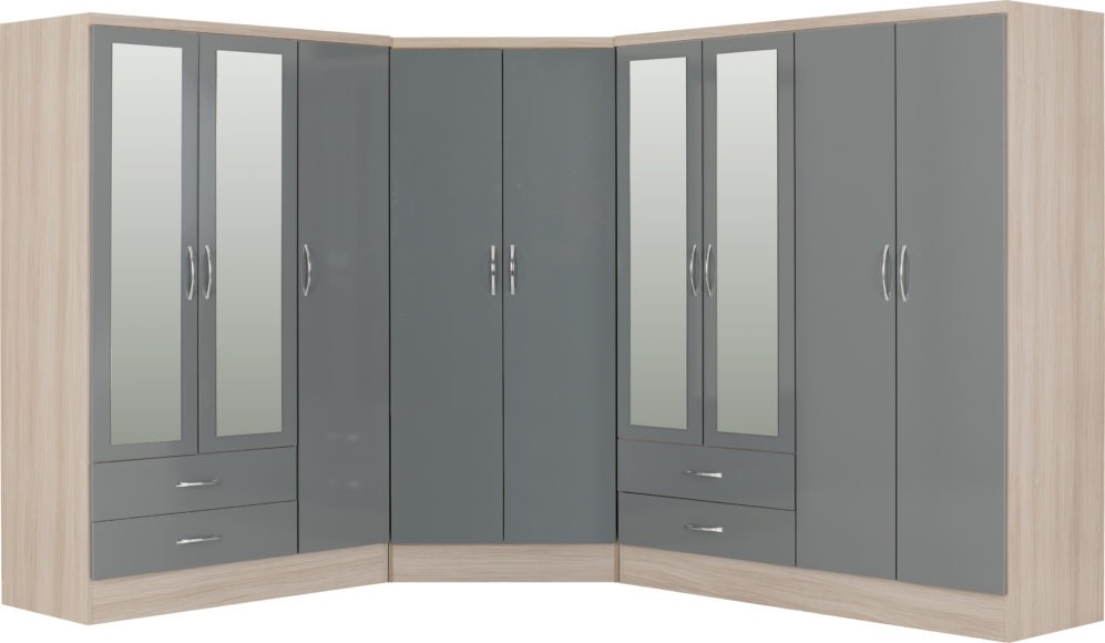 Seconique Nevada 2 Door Corner Wardrobe Grey Gloss/Light Oak Effect Veneer