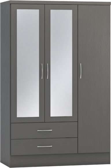 seconique Nevada 3 Door 2 Drawer Mirrored Wardrobe 3D Effect Grey