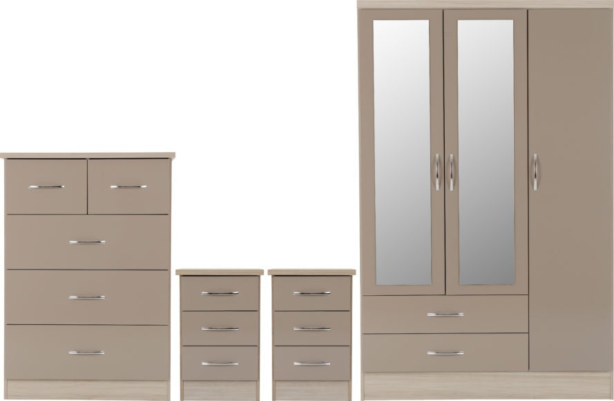 seconique Nevada 3 Door 2 Drawer Mirrored Wardrobe Bedroom Set Oyster Gloss/Light Oak Effect Veneer
