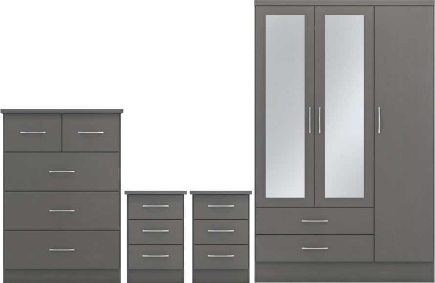seconique Nevada 3 Door 2 Drawer Mirrored Wardrobe Bedroom Set 3D Effect Grey