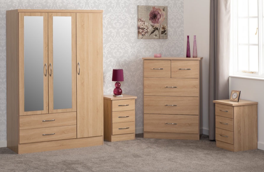 Seconique Nevada 3 Door 2 Drawer Mirrored Wardrobe Bedroom Set Sonoma Oak Effect