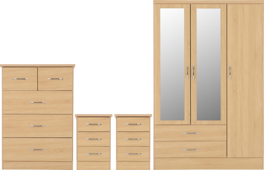 seconique Nevada 3 Door 2 Drawer Mirrored Wardrobe Bedroom Set Sonoma Oak Effect