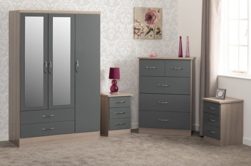 Seconique Nevada 3 Door 2 Drawer Mirrored Wardrobe Bedroom Set Grey Gloss/Light Oak Effect Veneer