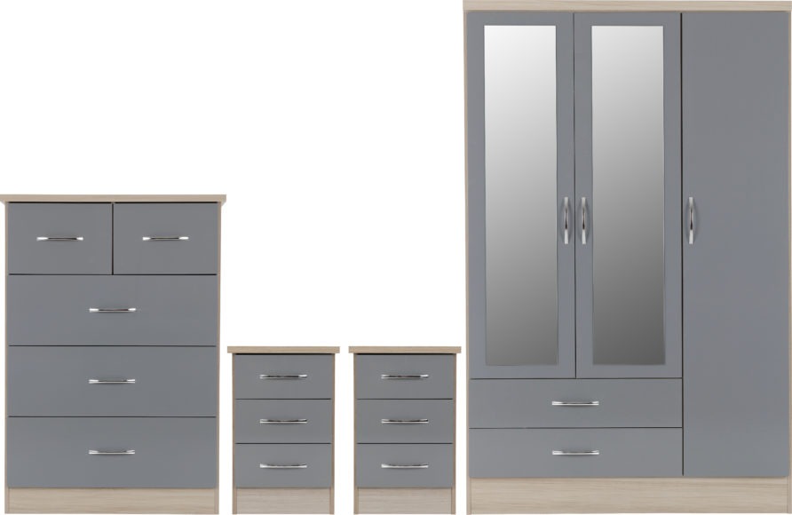 seconique Nevada 3 Door 2 Drawer Mirrored Wardrobe Bedroom Set Grey Gloss/Light Oak Effect Veneer