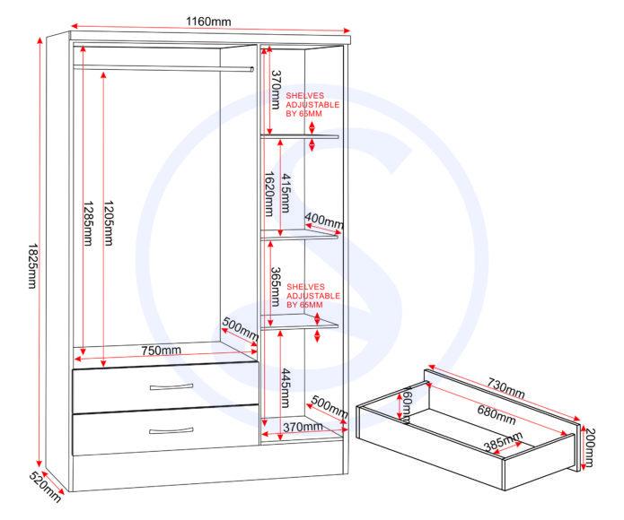 Seconique Nevada 3 Door 2 Drawer Mirrored Wardrobe Bedroom Set Black Wood Grain