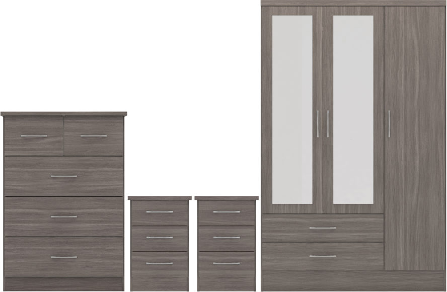 seconique Nevada 3 Door 2 Drawer Mirrored Wardrobe Bedroom Set Black Wood Grain