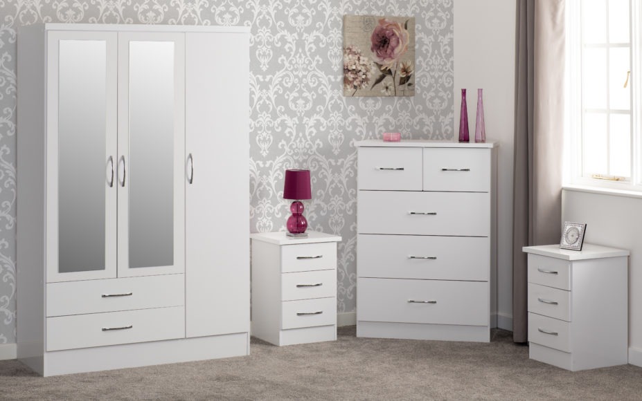 Seconique Nevada 3 Door 2 Drawer Mirrored Wardrobe Bedroom Set White Gloss