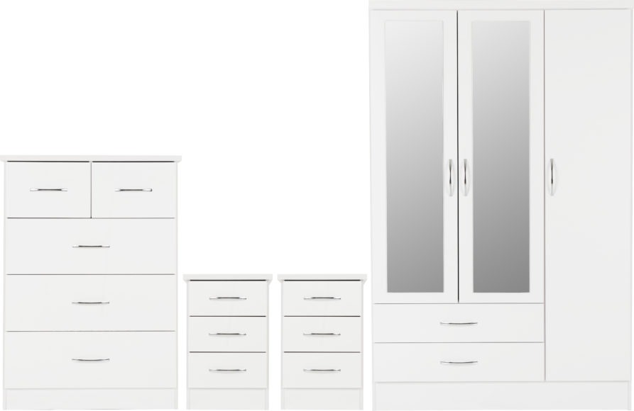seconique Nevada 3 Door 2 Drawer Mirrored Wardrobe Bedroom Set White Gloss