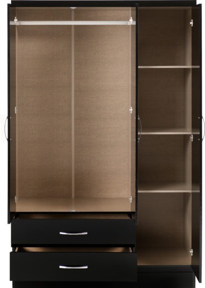 Seconique Nevada 3 Door 2 Drawer Mirrored Wardrobe Black Gloss