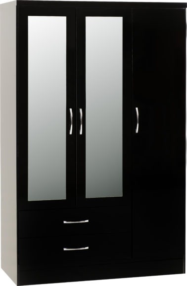seconique Nevada 3 Door 2 Drawer Mirrored Wardrobe Black Gloss