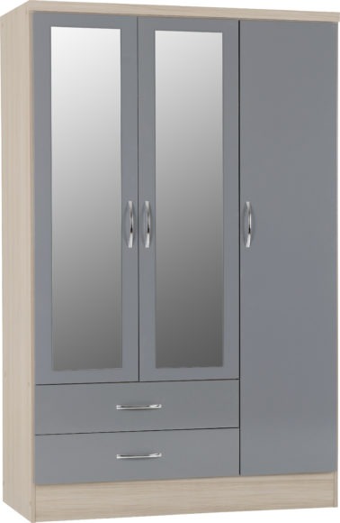 Seconique Nevada 3 Door 2 Drawer Mirrored Wardrobe Grey Gloss/Light Oak Effect Veneer