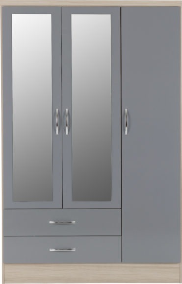 Seconique Nevada 3 Door 2 Drawer Mirrored Wardrobe Grey Gloss/Light Oak Effect Veneer