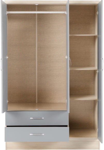 Seconique Nevada 3 Door 2 Drawer Mirrored Wardrobe Grey Gloss/Light Oak Effect Veneer