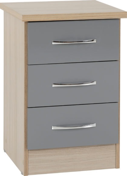 Seconique Nevada 3 Drawer Bedside Chest Grey Gloss/Light Oak Effect Veneer