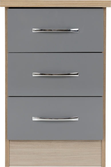 Seconique Nevada 3 Drawer Bedside Chest Grey Gloss/Light Oak Effect Veneer