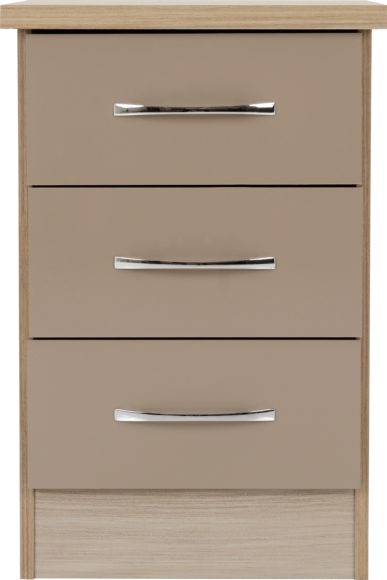 Seconique Nevada 3 Drawer Bedside Chest Oyster Gloss/Light Oak Effect Veneer