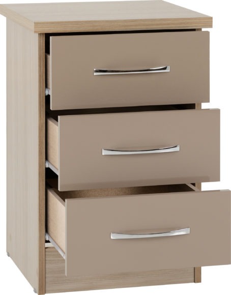 Seconique Nevada 3 Drawer Bedside Chest Oyster Gloss/Light Oak Effect Veneer
