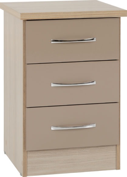 seconique Nevada 3 Drawer Bedside Chest Oyster Gloss/Light Oak Effect Veneer