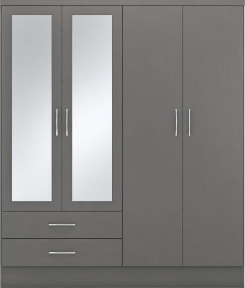 Seconique Nevada 4 Door 2 Drawer Mirrored Wardrobe 3D Effect Grey
