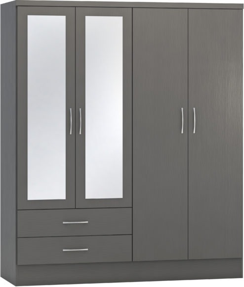 seconique Nevada 4 Door 2 Drawer Mirrored Wardrobe 3D Effect Grey