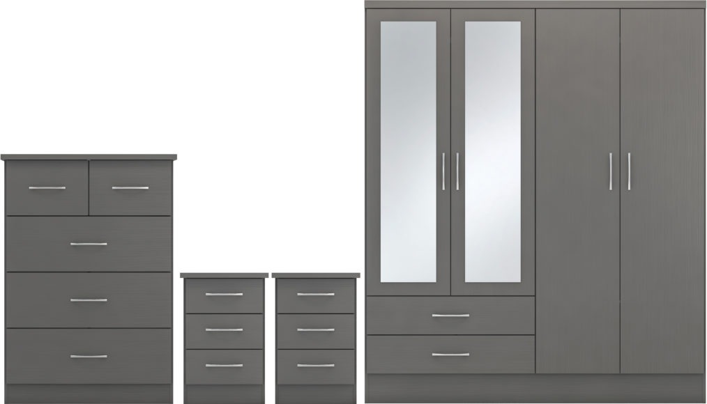 seconique Nevada 4 Door 2 Drawer Mirrored Wardrobe Bedroom Set 3D Effect Grey