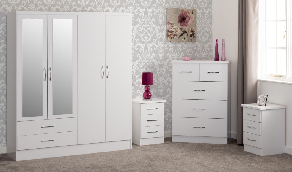 Seconique Nevada 4 Door 2 Drawer Mirrored Wardrobe Bedroom Set White Gloss
