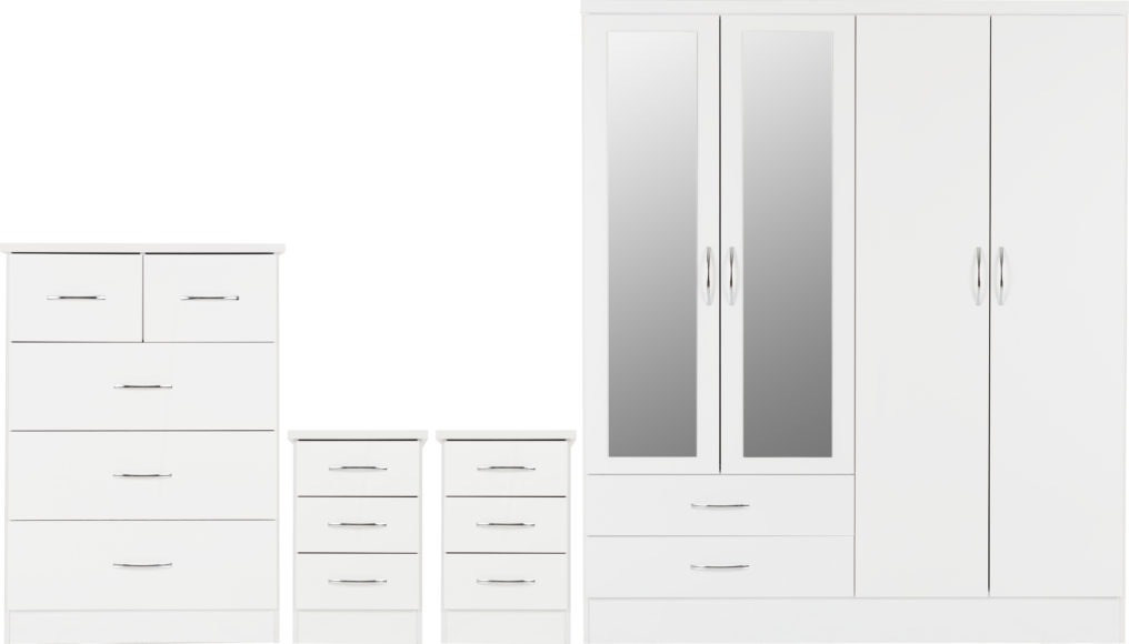 seconique Nevada 4 Door 2 Drawer Mirrored Wardrobe Bedroom Set White Gloss