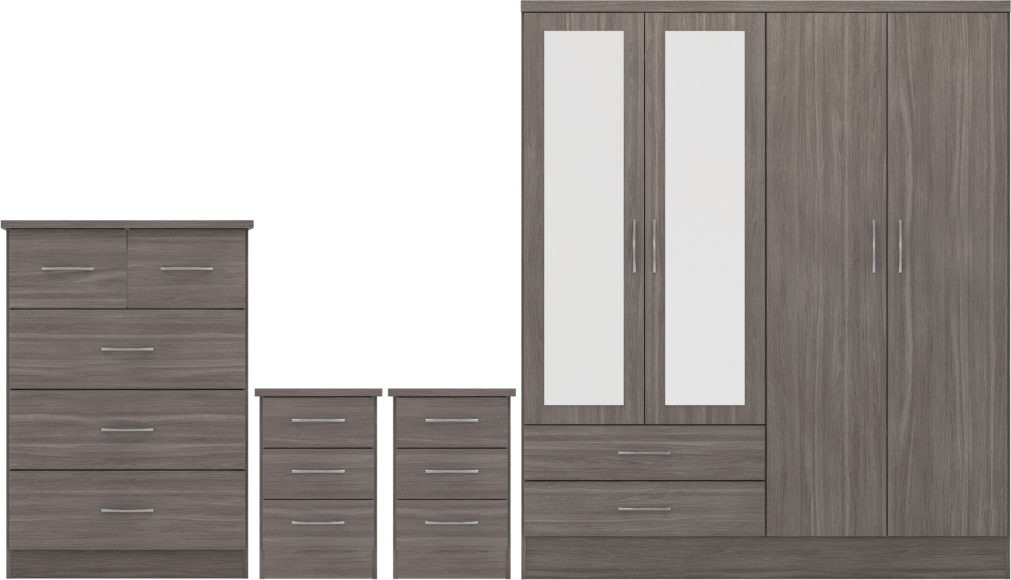 seconique Nevada 4 Door 2 Drawer Mirrored Wardrobe Bedroom Set Black Wood Grain