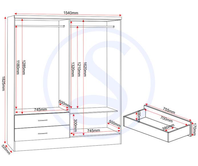 Seconique Nevada 4 Door 2 Drawer Mirrored Wardrobe Bedroom Set Oyster Gloss/Light Oak Effect Veneer
