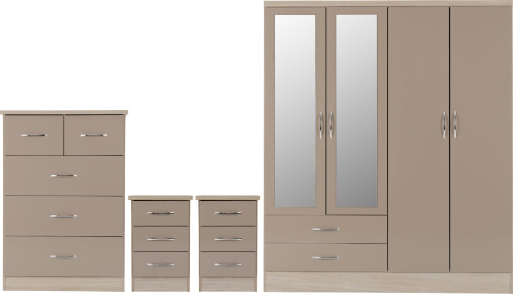 seconique Nevada 4 Door 2 Drawer Mirrored Wardrobe Bedroom Set Oyster Gloss/Light Oak Effect Veneer
